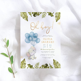Oh Boy Watercolor Elephant & Balloons Baby Shower Inbjudningar