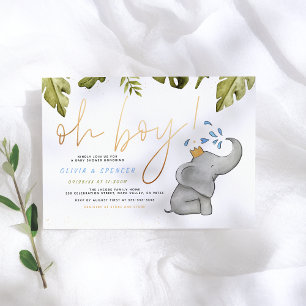 Oh Boy Watercolor Elephant Sprinkle Baby Shower Inbjudningar