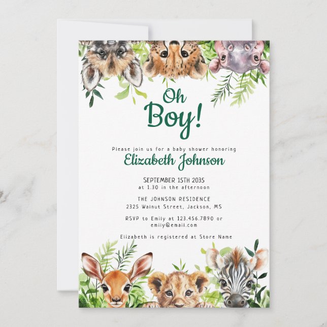 Oh Boy Watercolor Safari Animals Baby Shower Inbjudningar (Framsida)