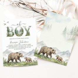 Oh Boy Watercolor Woodland Bear Baby Shower Inbjudningar