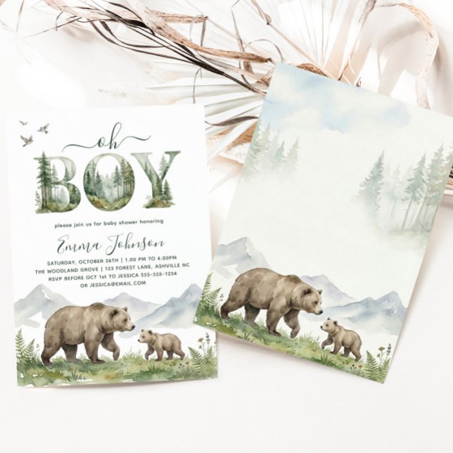 Oh Boy Watercolor Woodland Bear Baby Shower Inbjudningar (Oh Boy Watercolor Woodland Bear Baby Shower Invitation)