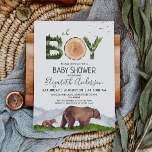 Oh Boy Watercolor Woodland Bear Baby Shower Inbjudningar