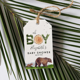 Oh Boy Watercolor Woodland Bear Baby Shower Presentetikett