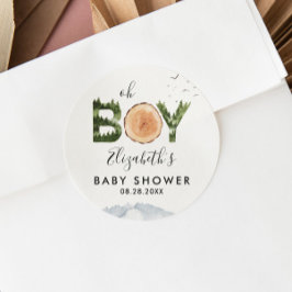 Oh Boy Watercolor Woodland Bear Baby Shower Runt Klistermärke