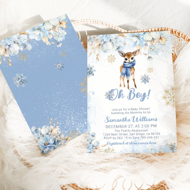 Oh Boy Winter Blue Blommigt & Hjort Baby Shower Inbjudningar (Skapare uppladdad)