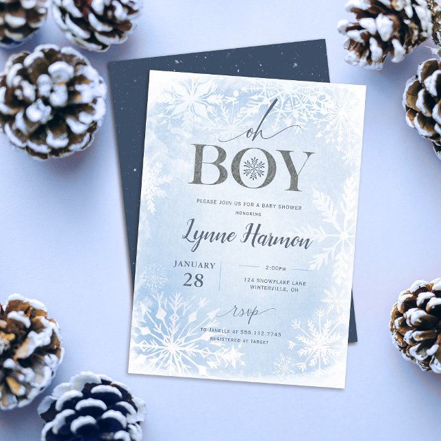 Oh Boy Winter Boy Baby Shower-inbjudan Blue Inbjudningar (Oh boy winter baby shower  invitation shown with navy back file on a blue table with pine cones
)