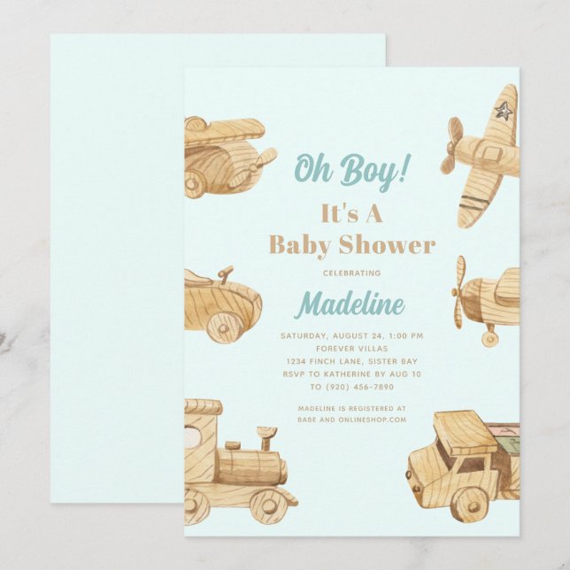 Oh Boy Wooden Toys Baby Shower-inbjudan Inbjudningar (Fram/baksida)