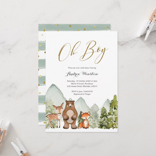 Oh Boy Woodland Animal Baby Shower-inbjudan Inbjudningar (Fram/Back In Situ)