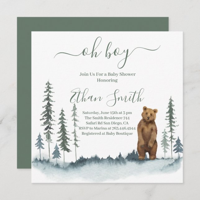 Oh Boy Woodland Bear Baby Shower-inbjudan Inbjudningar (Fram/baksida)