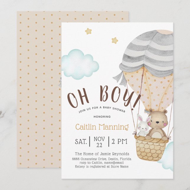 Oh Boy Woodland Nalle Baby Shower Inbjudningar (Fram/baksida)