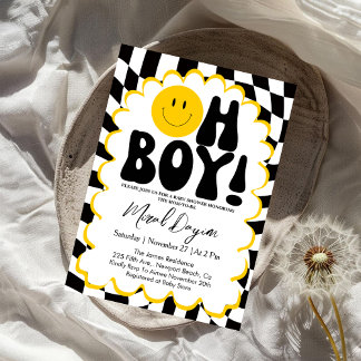 Oh Boy! Yellow Checkered Happy Face Baby Shower Inbjudningar