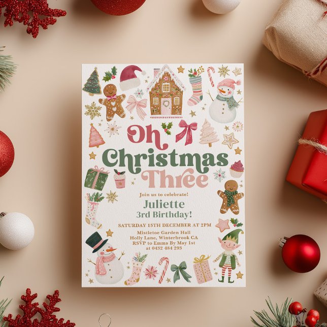 Oh Christmas Three 3rd Birthday Xmas theme Festive Inbjudningar (Oh Christmas Three! Christmas themed 3rd birthday party Kids party)
