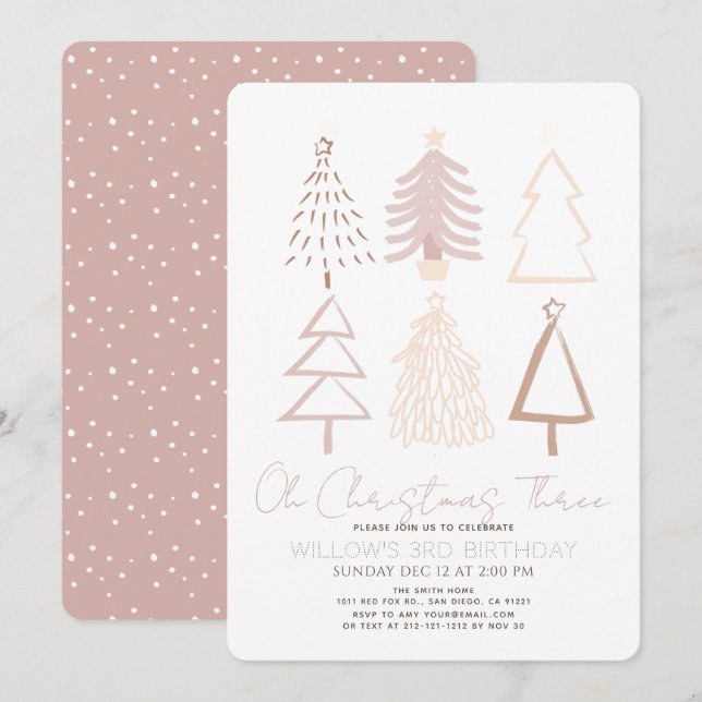 Oh Christmas Three Boho Rosa Träd 3-årsdag Inbjudningar (Fram/baksida)