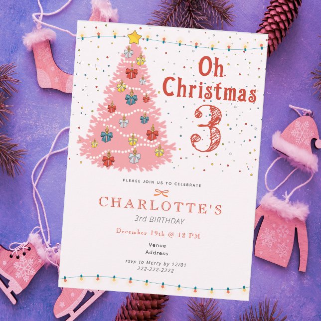Oh Christmas Three Pink Girl 3rd Birthday Inbjudningar (Oh Christmas Three Pink Girl 3rd Birthday Invitation)