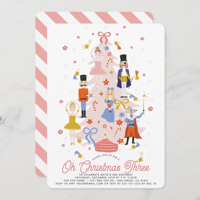 Oh Christmas Three Pink Nutcracker Girl Birthday Inbjudningar (Fram/baksida)