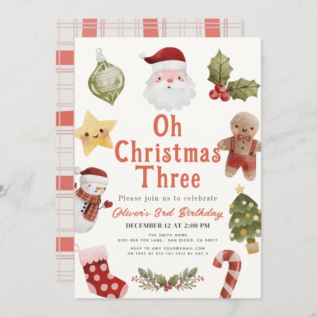 Oh Christmas Three Santa 3rd Birthday Inbjudningar (Fram/baksida)