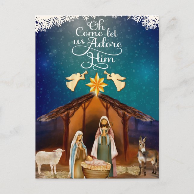 "Oh Come Let Us Adore Him" Nativity Christmas Helg Vykort (Framsida)