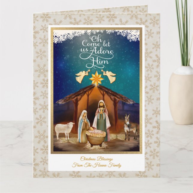 "Oh Come Let Us Adore Him" Nativity Christmas Kort (Framsida)