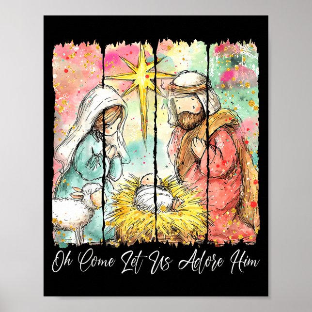 Oh Come Let Us Adore Him Nativity Scene Christian  Poster (Framsidan)