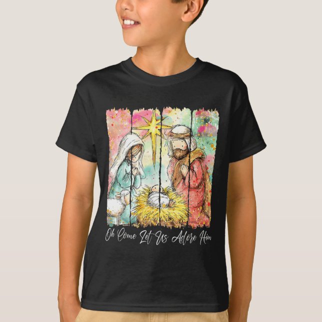 Oh Come Let Us Adore Him Nativity Scene Christian  T Shirt (Framsida)
