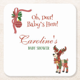 Oh, Deer! Baby’s Here! – Christmas Baby Shower Underlägg Papper Kvadrat