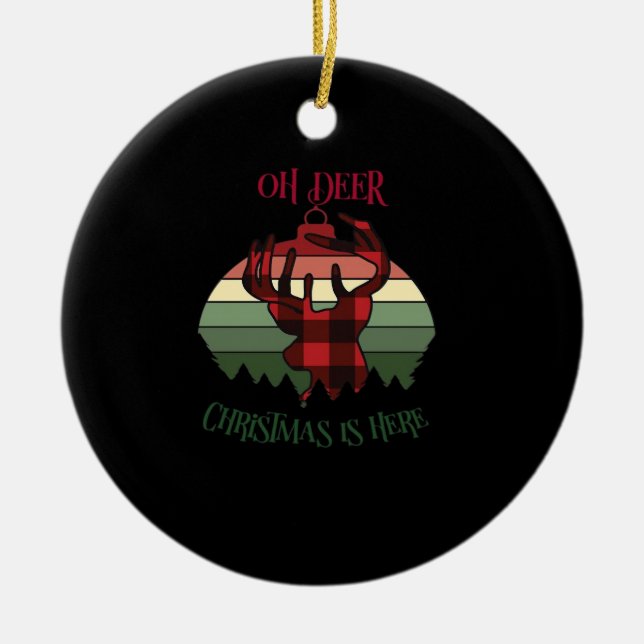 Oh Deer Christmas Is Here Joyful Aesthetic Julgransprydnad Keramik (Framsidan)