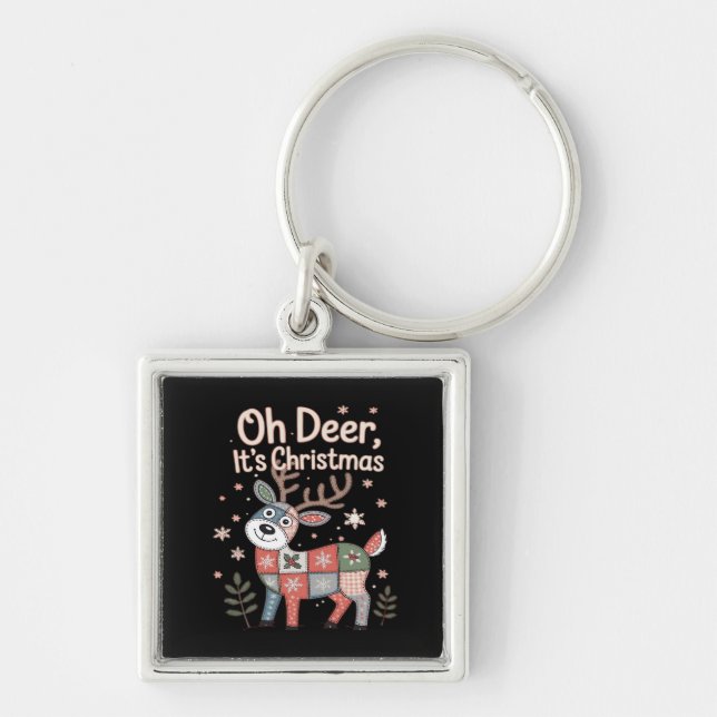 Oh Deer Its Christmas Miniature Patchwork Squares Fyrkantig Silverfärgad Nyckelring (Framsidan)
