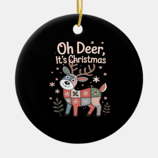 Oh Deer Its Christmas Miniature Patchwork Squares Julgransprydnad Keramik (Framsidan)