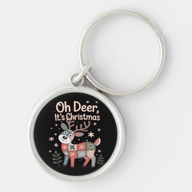 Oh Deer Its Christmas Miniature Patchwork Squares Rund Silverfärgad Nyckelring (Framsidan)