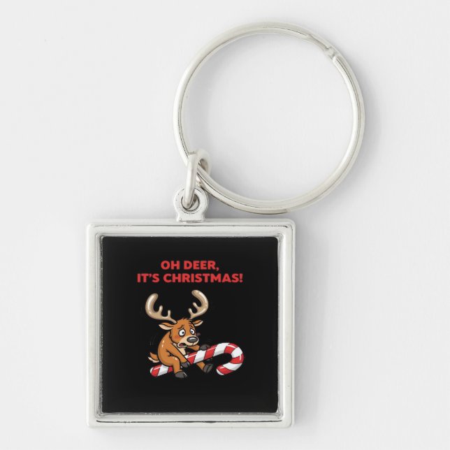 Oh Deer Its Christmas Stressed Reindeer With Sweet Fyrkantig Silverfärgad Nyckelring (Framsidan)