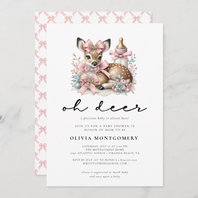 Oh Deer Pink Bows Woodland Forest Baby Shower  Inbjudningar (Fram/baksida)