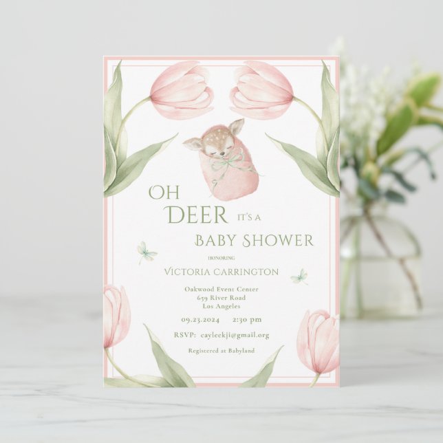 Oh Deer Tulips Pink Baby Shower Inbjudningar (Stående Fram)