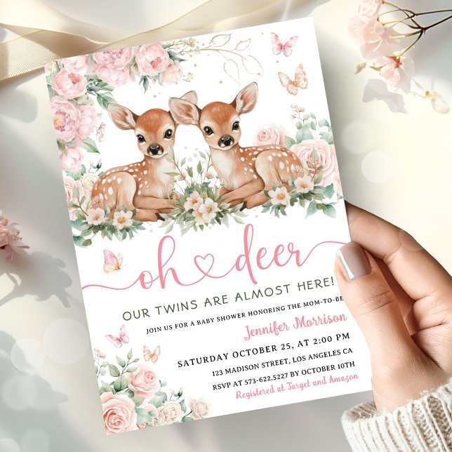 Oh Deer Tvillingflickor Baby Shower Rosa Inbjudan (Skapare uppladdad)
