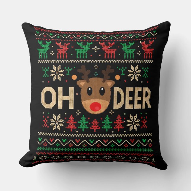 Oh Deer Ugly Christmas Sweater Throw Pillow Kudde (Framsida)