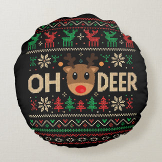 Oh Deer Ugly Christmas Sweater Throw Pillow Rund Kudde