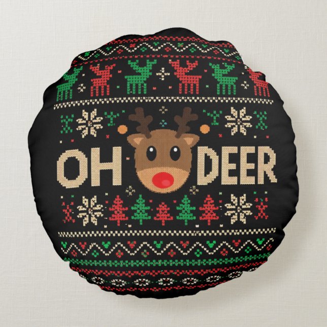 Oh Deer Ugly Christmas Sweater Throw Pillow Rund Kudde (Baksidan)