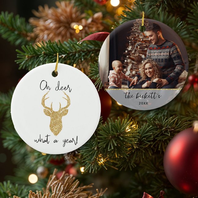 Oh Deer, What A Year! Funny Christmas Custom Photo Julgransprydnad Keramik (Skapare uppladdad)