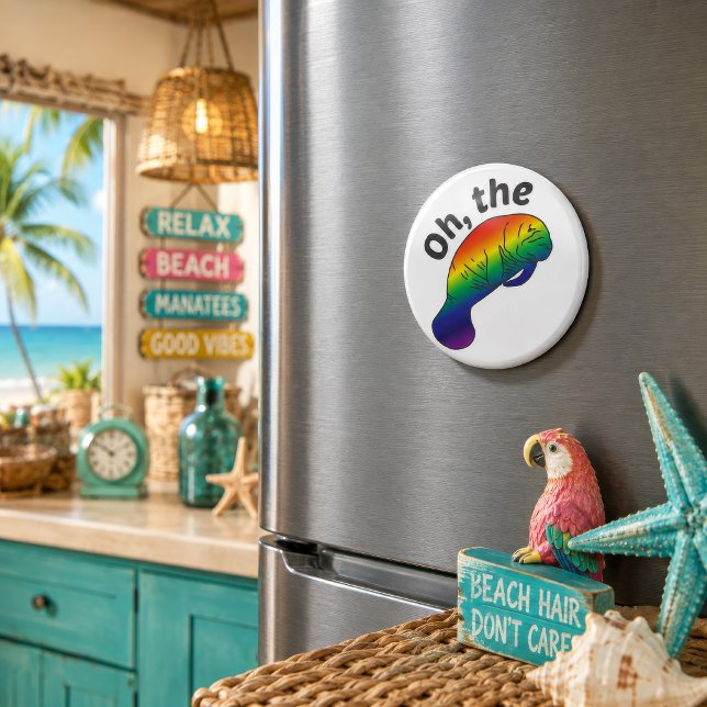Oh den Hue Manatee Runda Magneten Magnet (A splash of color, a sea-cow-sized pun, and absolutely no shortage of beach-house personality.)