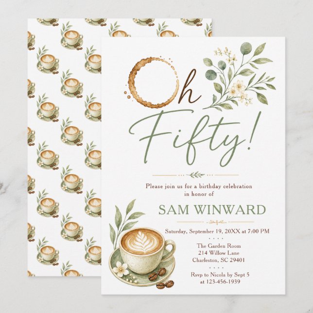 Oh Fifty Grön Botanisk Kaffe Födelsedag Inbjudningar (Fram/baksida)