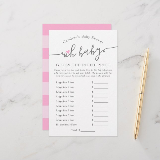 Oh Flicka gissar Pris Rosa Baby Shower Game (Fram/Back In Situ)