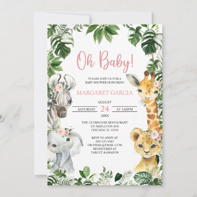 Oh Flicka Jungle Safari Animals Baby Shower Inbjudningar (Framsida)