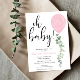 Oh Flicka rosa-ballongen eucalyptus babydusch Inbjudningar