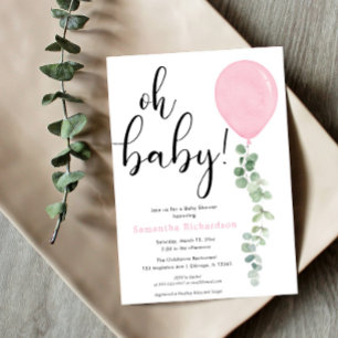 Oh Flicka rosa-ballongen eucalyptus babydusch Inbjudningar