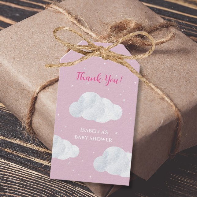 Oh Flicka Rosa Clouds Himlar Stars Baby Shower Presentetikett (Girl baby shower clouds pink sky stars)