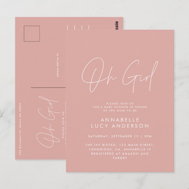 oh girl Baby dusch-skript rosa elegant Vykort (Fram/baksida)
