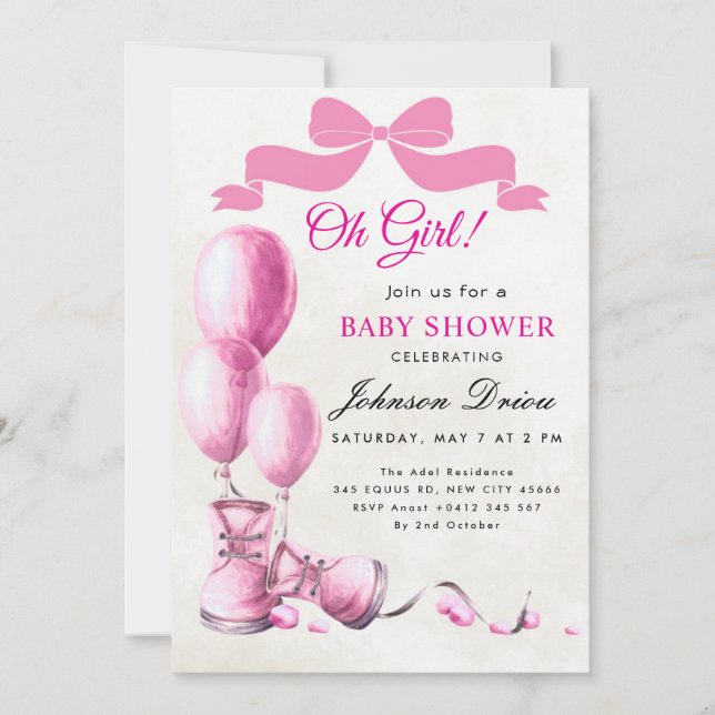 Oh Girl Baby Shower Invitation | Pink Watercolor  Inbjudningar (Framsida)