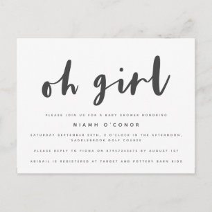 Oh girl baby shower-kort. inbjudan vykort