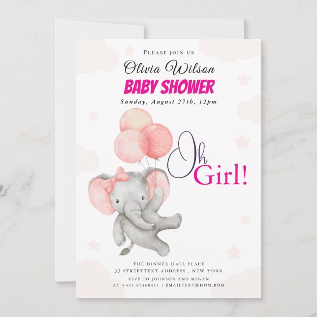 Oh Girl Elephant Baby Shower Invitation Inbjudningar (Framsida)