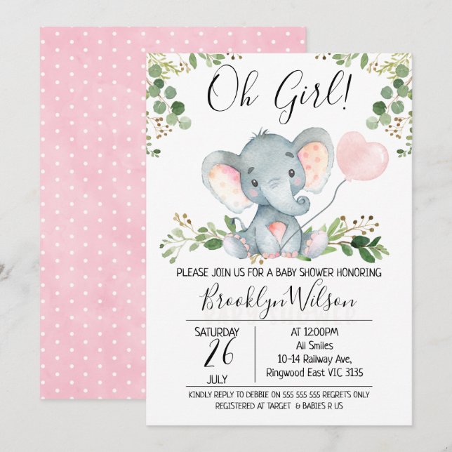 Oh Girl Elephant Balloon Baby Shower-inbjudan Inbjudningar (Fram/baksida)