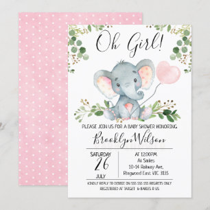 Oh Girl Elephant Balloon Baby Shower-inbjudan Inbjudningar
